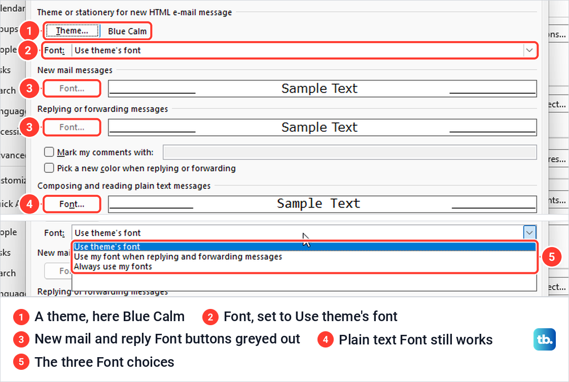 Personal Stationery with the Blue Calm theme greying out two Font buttons, and the three Font choices list.