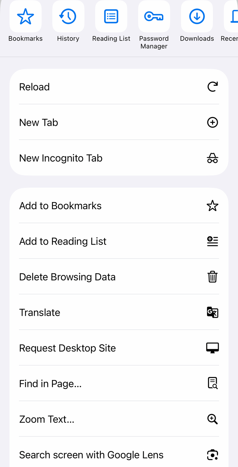 Chrome page menu on iPhone with Add to Bookmarks, Translate, Find in Page and Zoom Text
