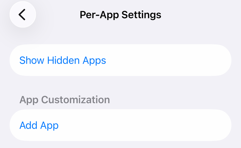 iPhone Per-App Settings screen with Show Hidden Apps and Add App