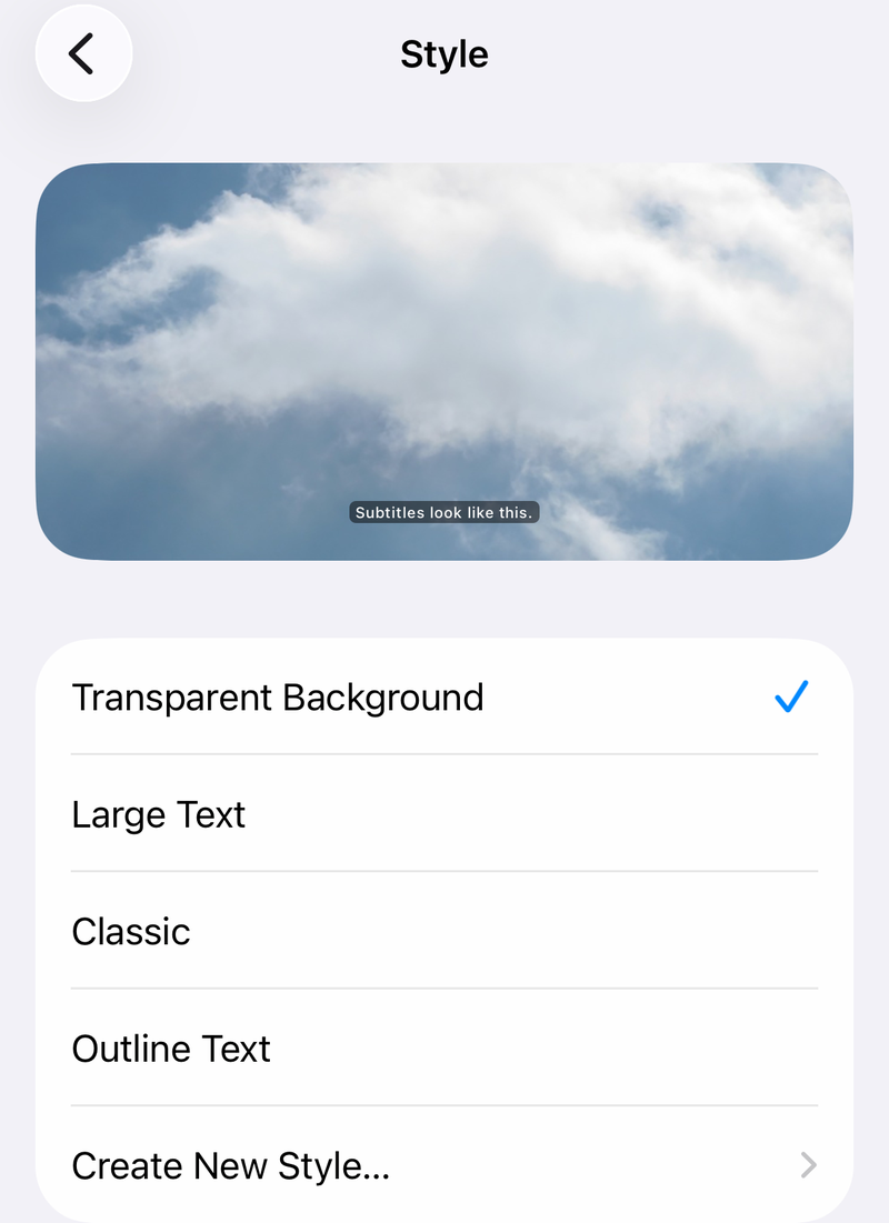 iPhone Subtitles Style screen with a caption preview and Transparent Background selected