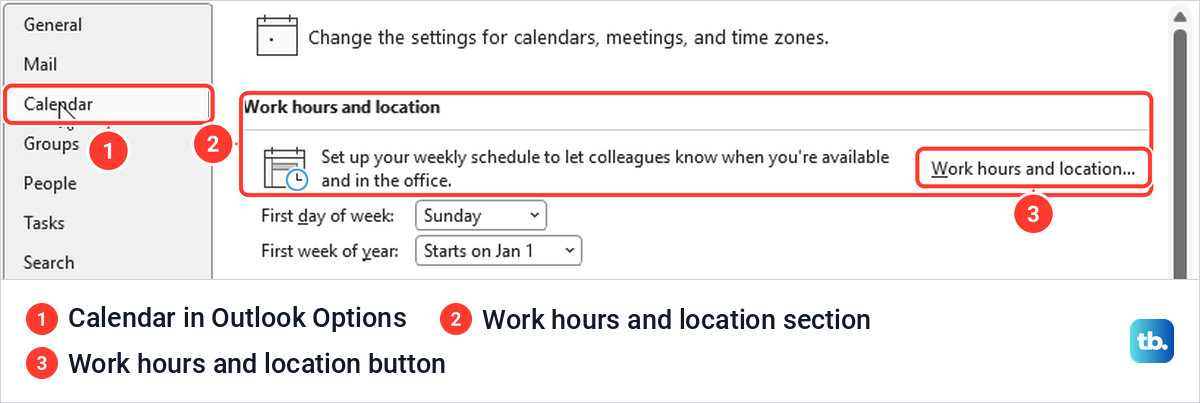 Classic Outlook Options on the Calendar page with the Work hours and location section and button.