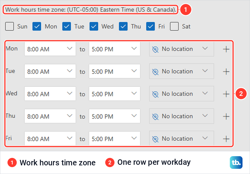 Classic Outlook Work hours and location window with the time zone line and a row for each workday.