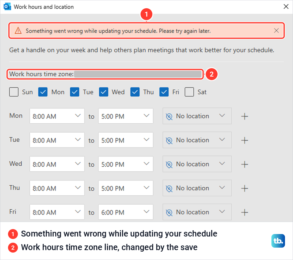 Classic Outlook work hours window with an error banner and a changed work hours time zone line.
