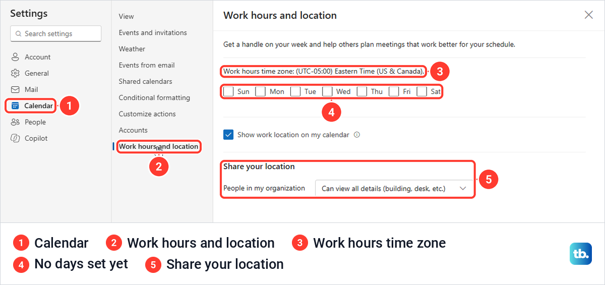 Outlook on the web Settings with Calendar and Work hours and location selected and no days set.