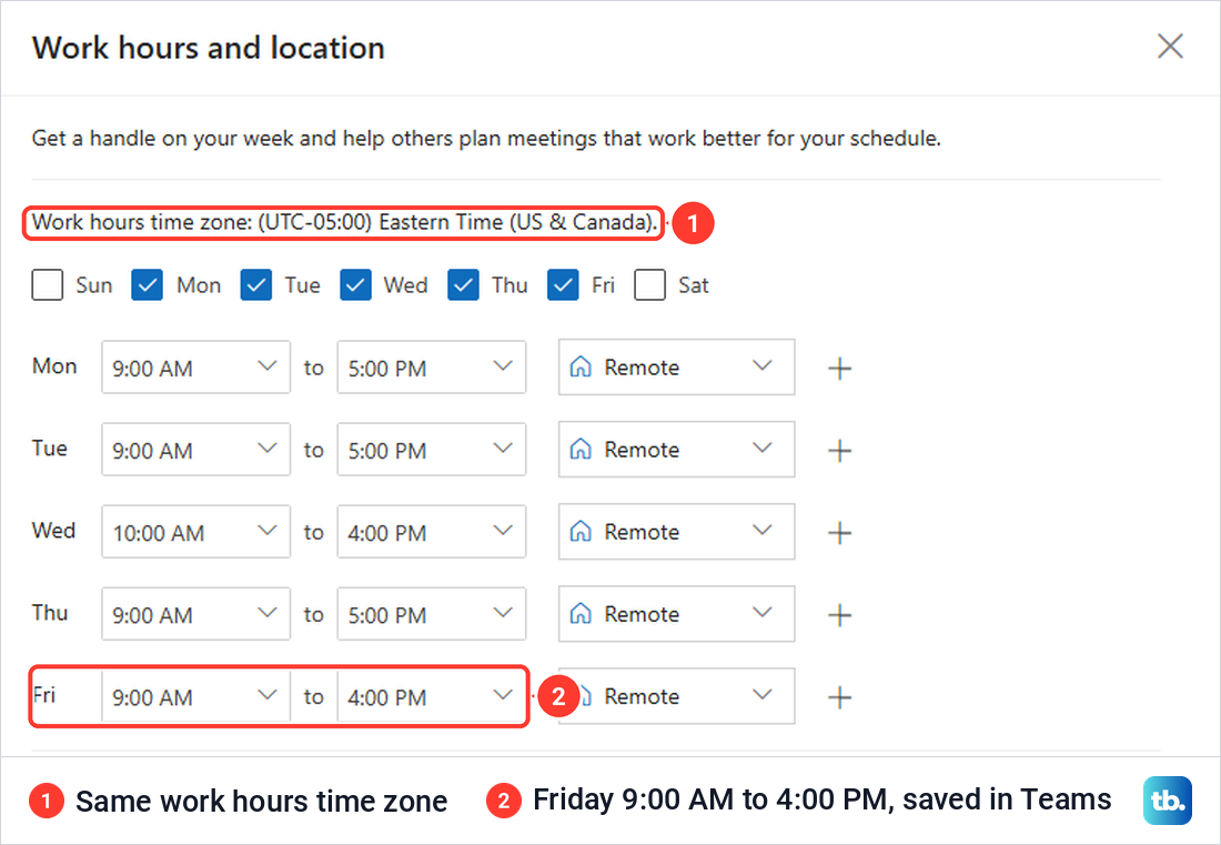 Outlook on the web Work hours and location showing Friday as 9:00 AM to 4:00 PM after the Teams change.