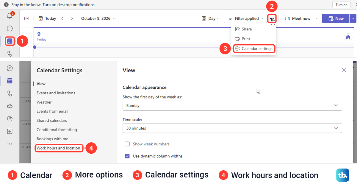 Teams Calendar with the More options menu open on Calendar settings, then the Calendar Settings list.