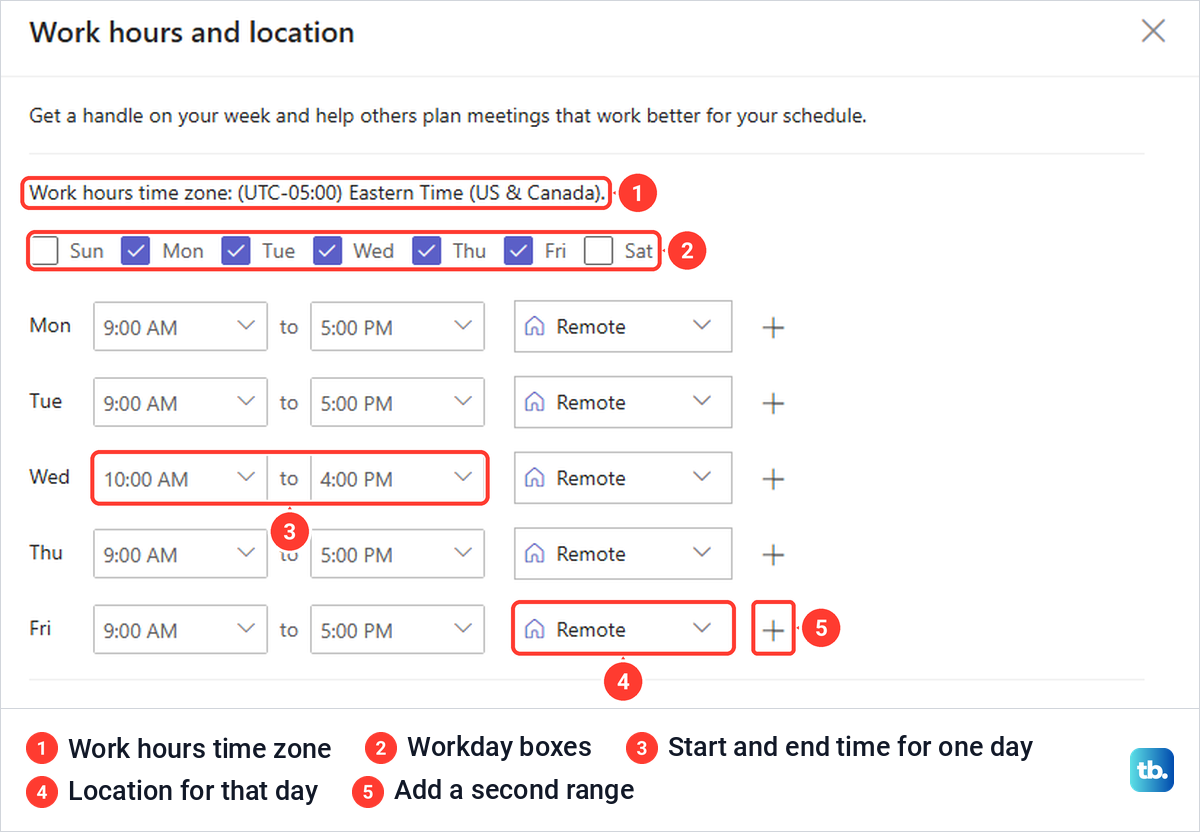 Teams Work hours and location editor with Monday to Friday ticked and a shorter Wednesday.