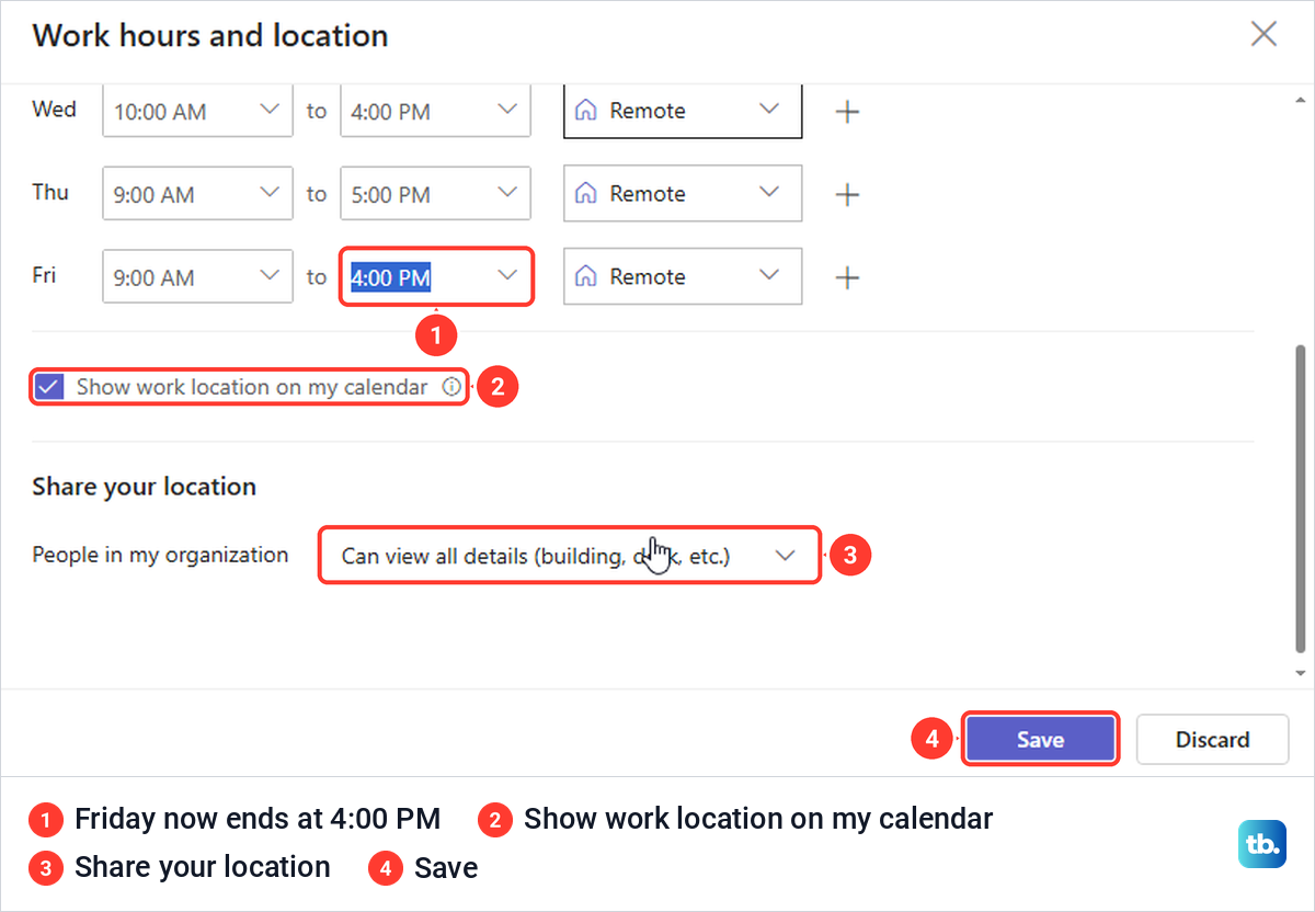 Teams Work hours and location pane with Friday ending at 4:00 PM and the Save button showing.