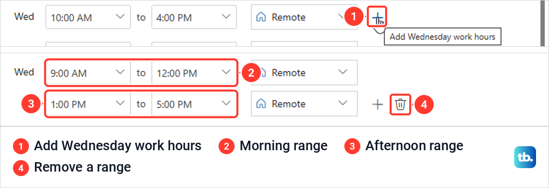 Work hours editor with the Add Wednesday work hours plus, then Wednesday split into two time ranges.