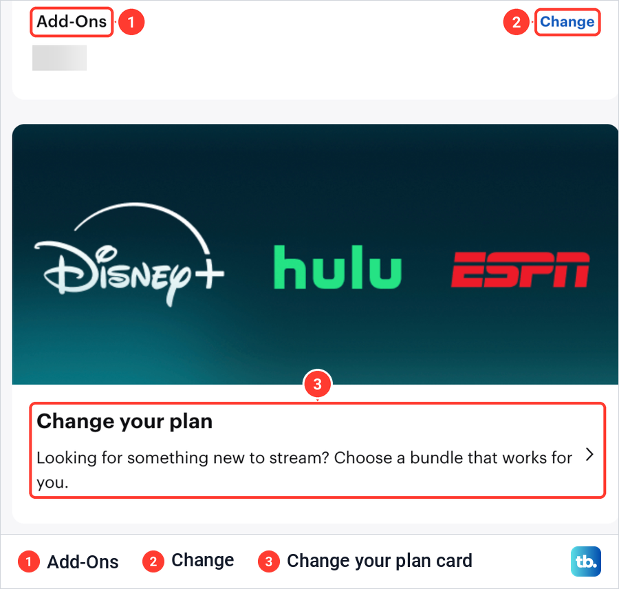 The Add-Ons row with its Change link and the Change your plan card on Hulu's Account page.