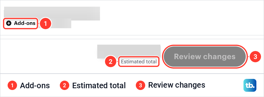 The bottom bar of Hulu's Change your plan page with Add-ons, Estimated total and Review changes.