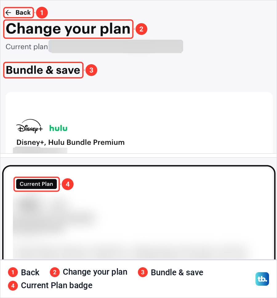 Hulu's Change your plan page with the Bundle and save cards and the Current Plan badge.