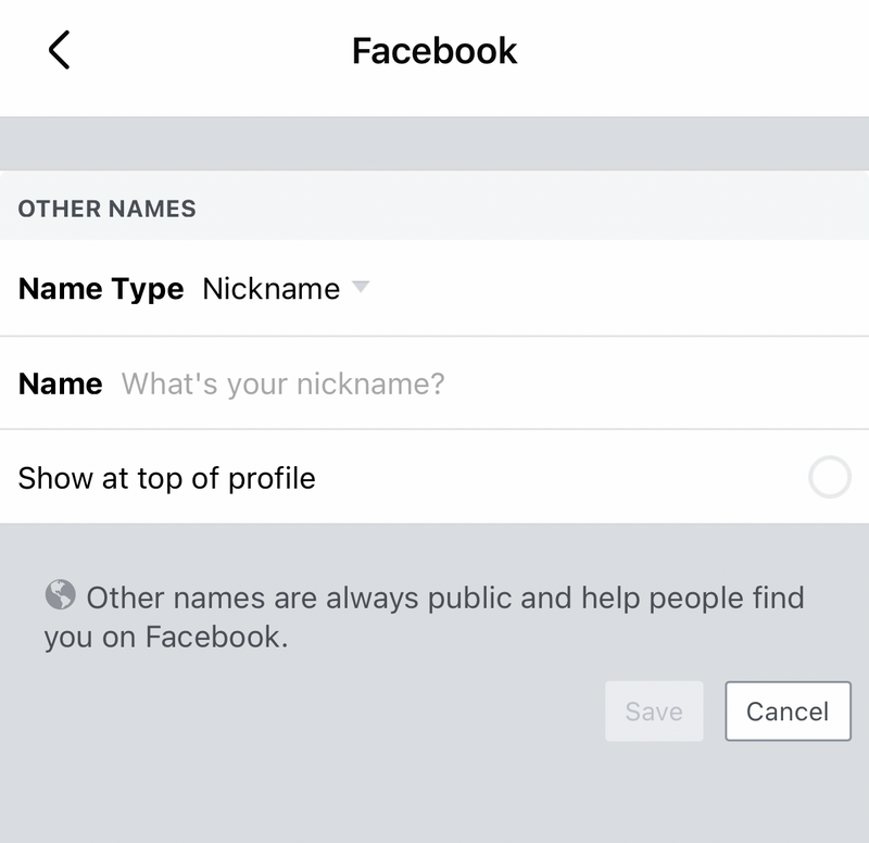 Facebook Manage other names screen with Name Type set to Nickname and a Show at top of profile option
