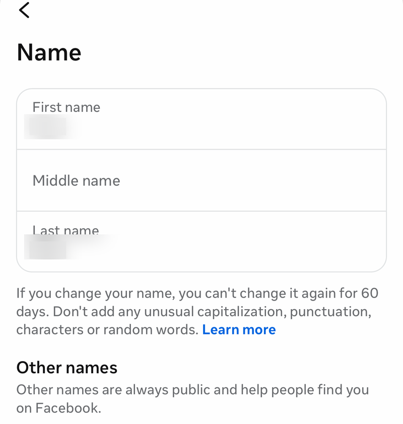 Facebook Name screen with First, Middle and Last name fields and the 60-day notice