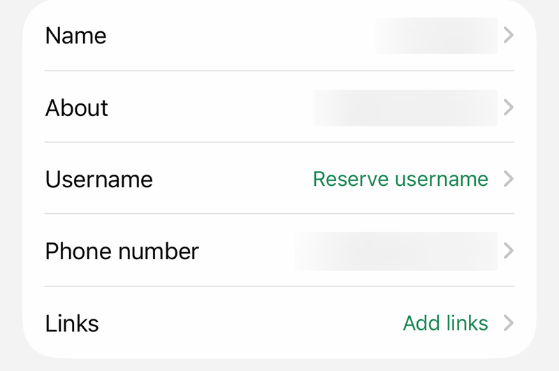 WhatsApp Profile screen with Name, About, Username, Phone number and Links rows