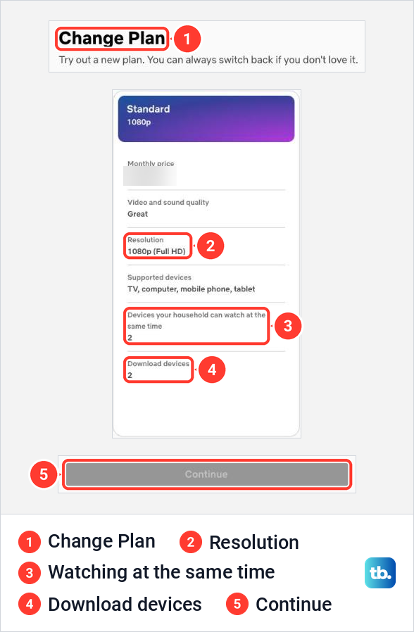 The Netflix Change Plan page in a browser with one plan card and the grey Continue button.