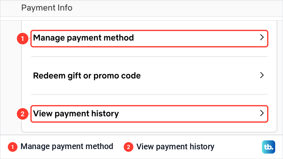 The Payment Info card on the Netflix Membership page with Manage payment method and View payment history.