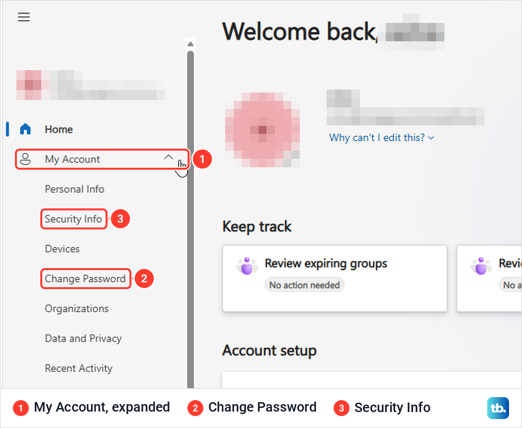 My Account portal with the My Account group expanded to show Change Password and Security Info.