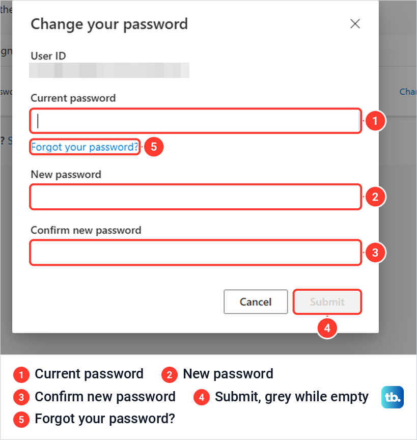 Microsoft Change your password form with empty current, new and confirm password boxes and a greyed Submit button.