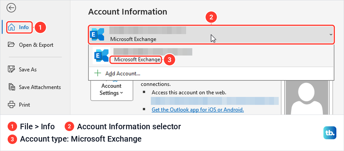 Classic Outlook File Info screen with the Account Information dropdown open showing a Microsoft Exchange account.