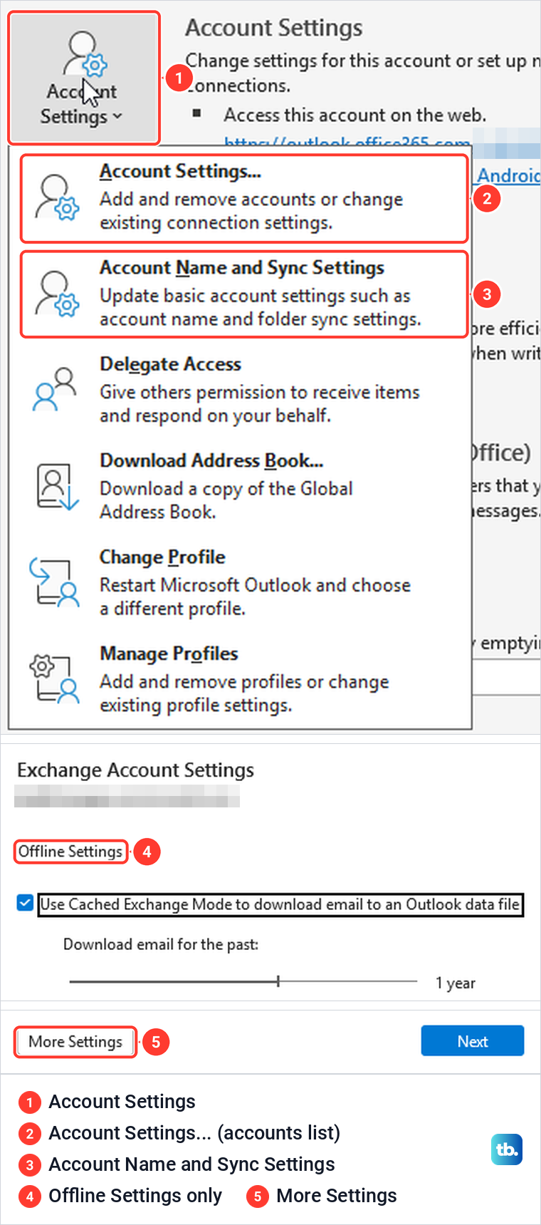 Classic Outlook Account Settings menu without Server Settings, and Exchange Account Settings with offline settings only.
