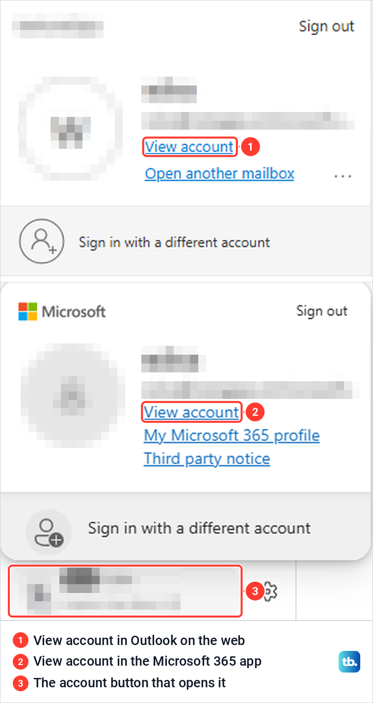 Account cards from Outlook on the web and the Microsoft 365 Copilot app, each with a View account link.