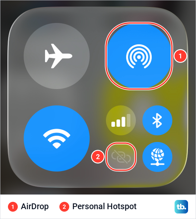 The top-left group of iPhone Control Center with the AirDrop and Personal Hotspot buttons.