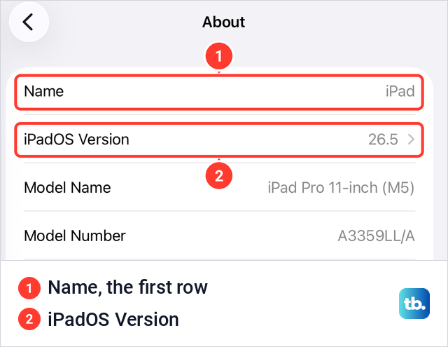 iPad About screen with Name as the first row above the iPadOS Version row.
