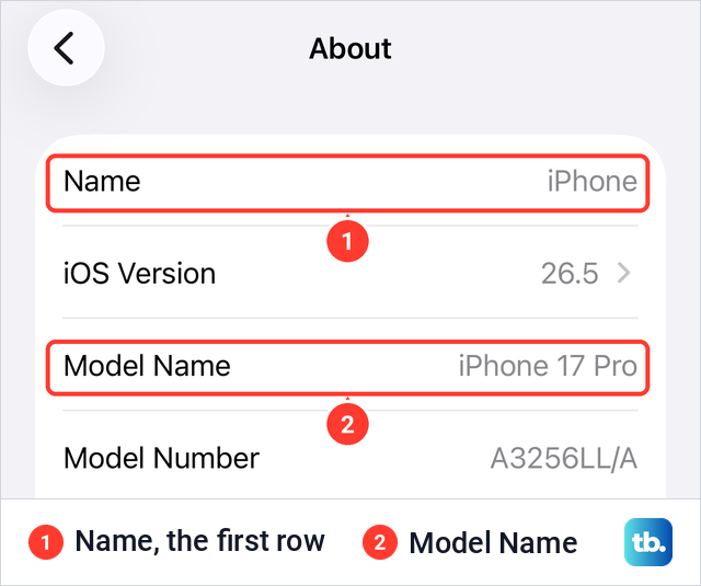 iPhone About screen with Name as the first row, followed by iOS Version and Model Name.