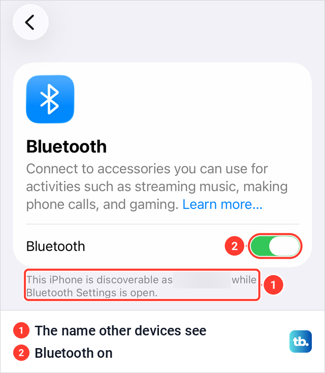 iPhone Bluetooth settings showing the line that says which name the iPhone is discoverable as.