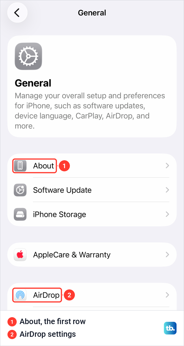 iPhone General settings with About as the first row and AirDrop further down the list.