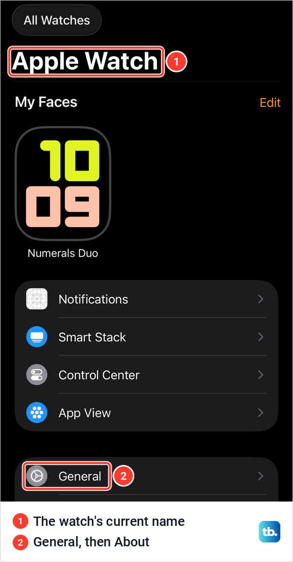 The My Watch tab of the iPhone Watch app with the watch's name as the heading and General below.