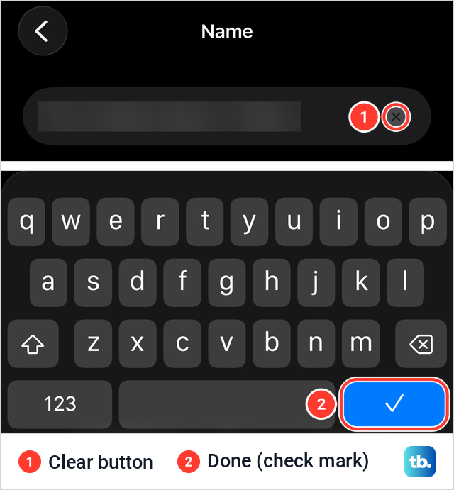 The Apple Watch Name screen in the iPhone Watch app with the clear button and the check mark Done key.