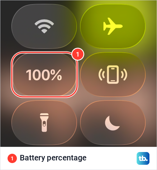Apple Watch Control Center on watchOS 26.5 with the battery percentage tile reading 100 percent.