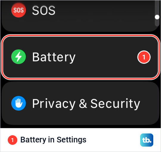 Apple Watch Settings list on watchOS 26.5 with the Battery row between SOS and Privacy and Security.
