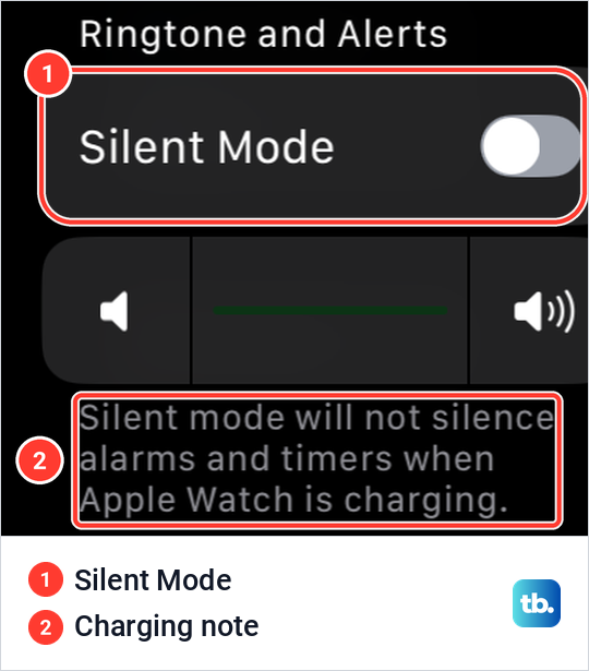 Apple Watch Sounds and Haptics settings with the Silent Mode switch and a note about alarms while charging.