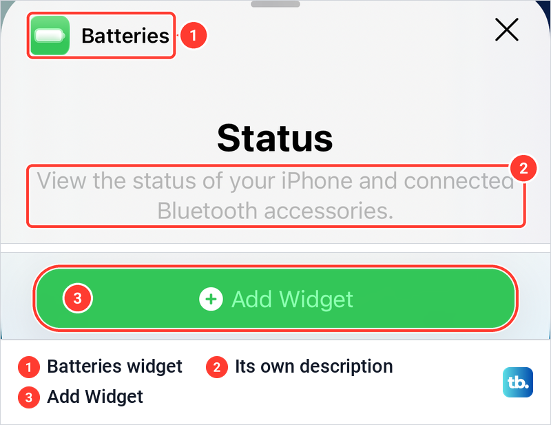 iPhone widget gallery on iOS 26.5 showing the Batteries widget, its description and the Add Widget button.