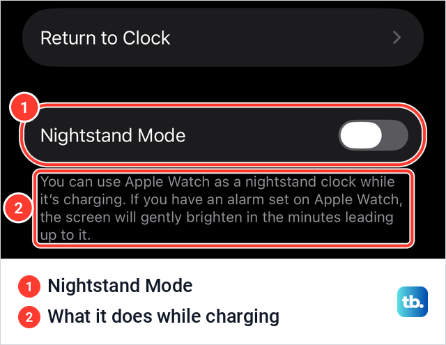 The iPhone Watch app General settings with the Nightstand Mode switch and its description.