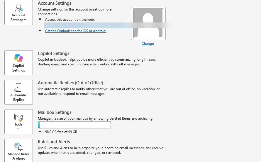 Classic Outlook File Info page with Account Settings, Automatic Replies, Mailbox Settings and Rules and Alerts tiles