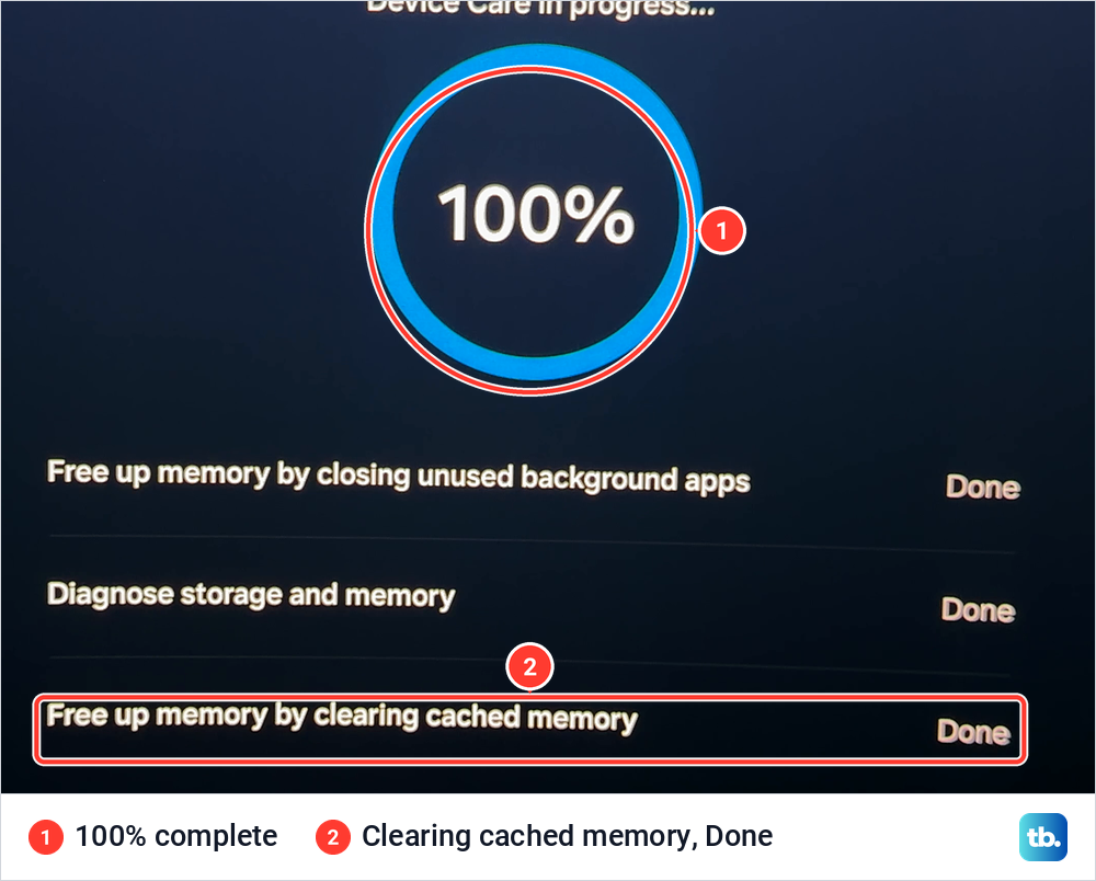 Samsung Device Care scan at 100 percent with all three memory and storage steps marked Done.