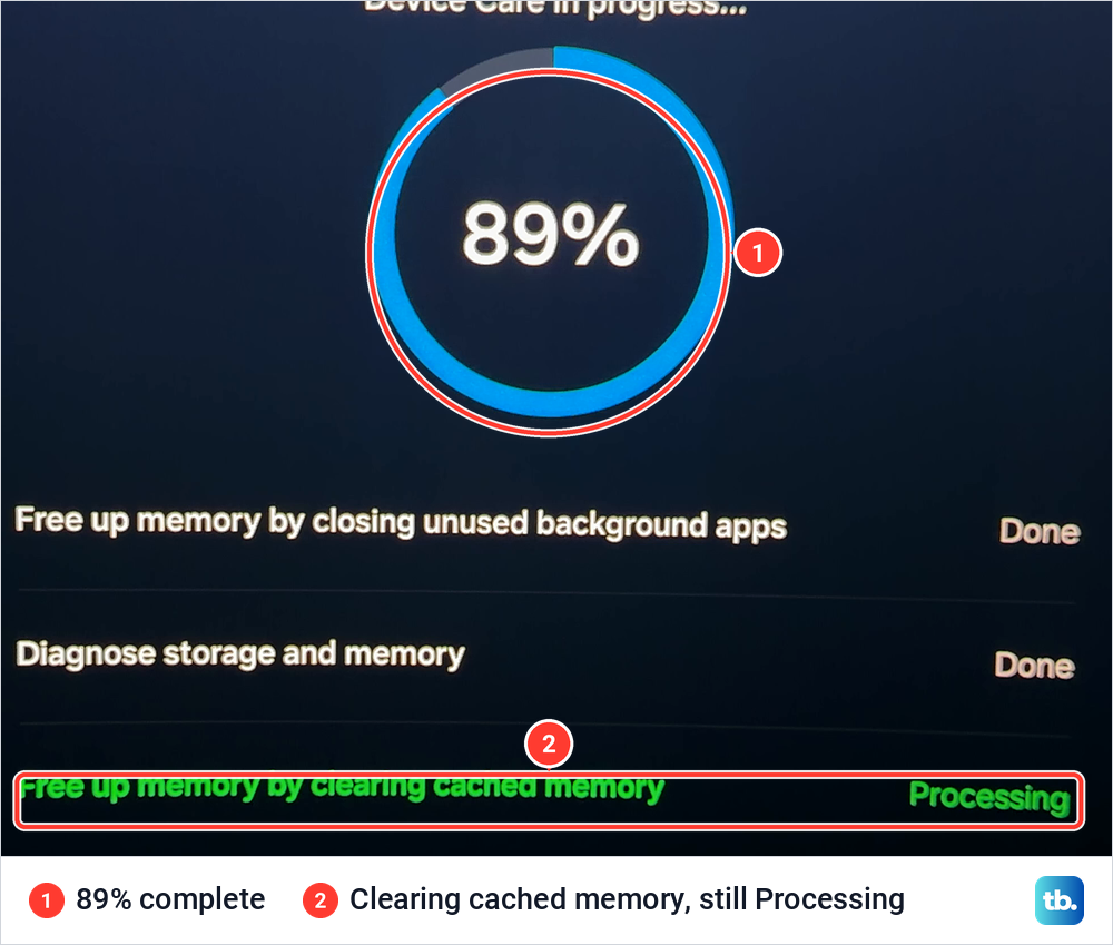 Samsung Device Care scan at 89 percent with two steps done and Free up memory by clearing cached memory still processing.
