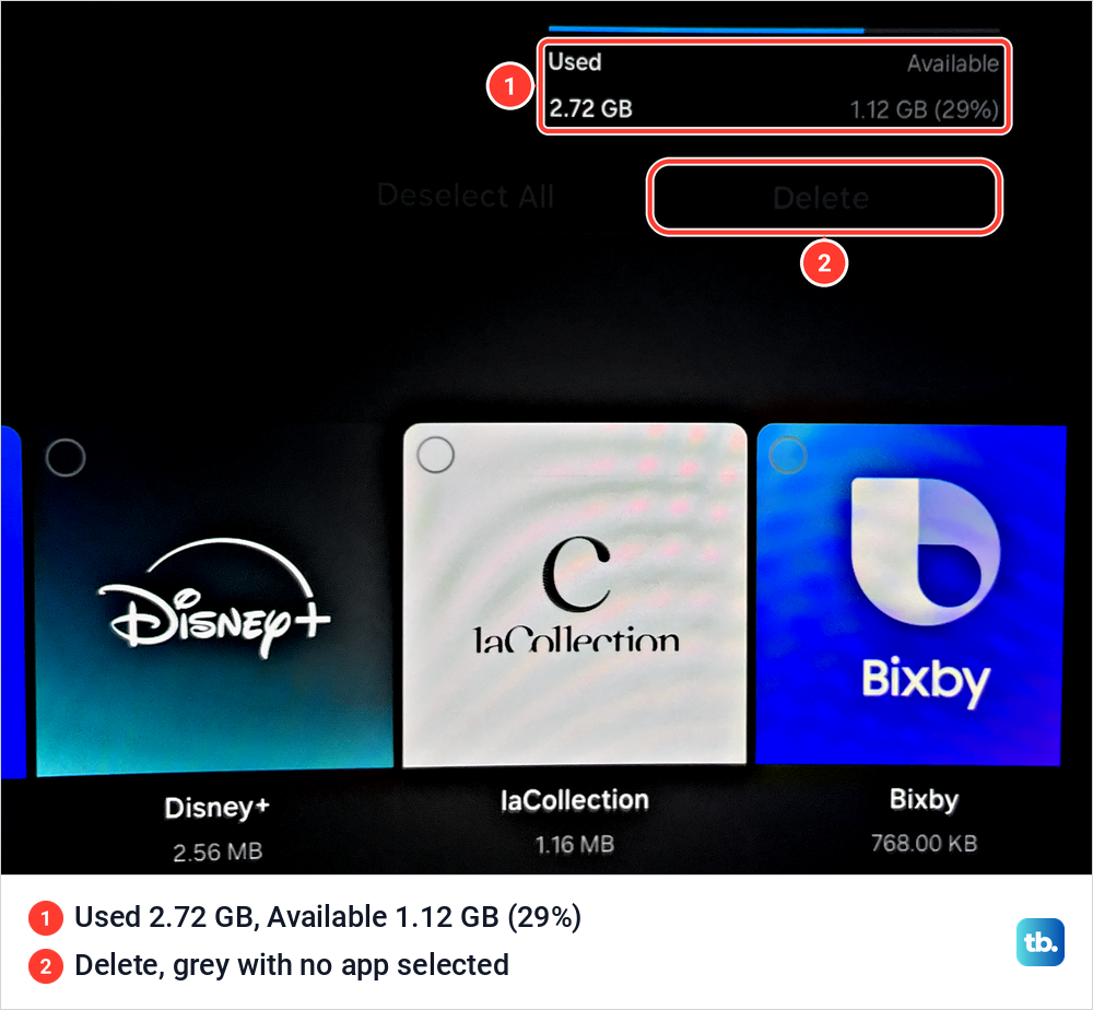 Samsung Manage Storage bar reading Used 2.72 GB and Available 1.12 GB, above a greyed-out Delete button and app tiles.