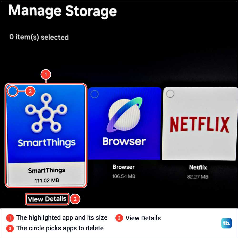 Samsung Manage Storage screen with app tiles for SmartThings, Browser and Netflix and a View Details button under the highlighted tile.