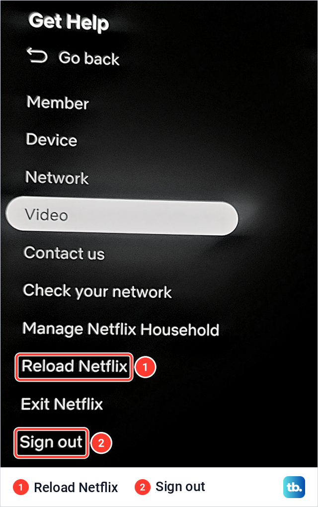 Netflix Get Help menu on a Samsung screen listing Reload Netflix two items above Sign out.
