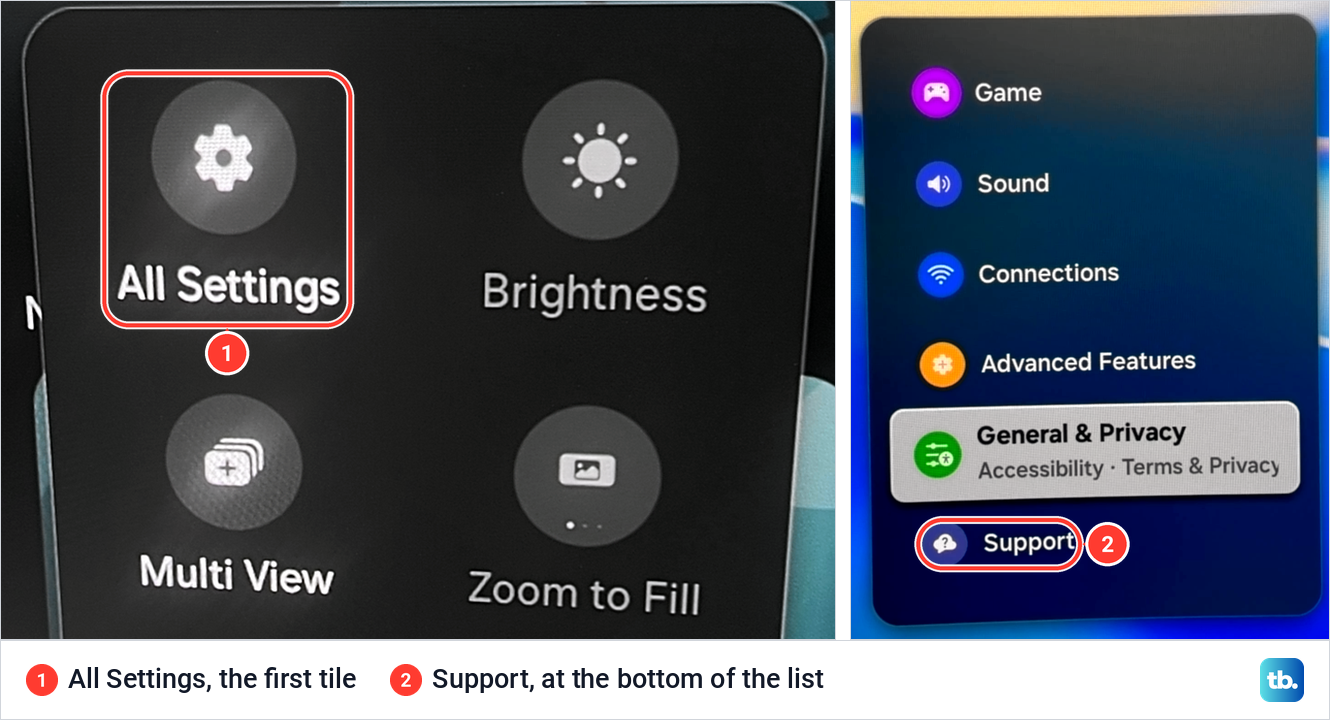 Samsung quick settings panel with the All Settings tile, next to the All Settings list with Support at the bottom.