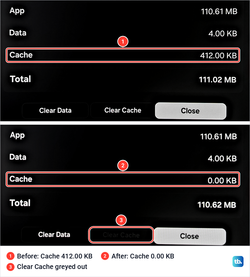 SmartThings storage details before and after Clear Cache, with the cache going from 412.00 KB to 0.00 KB.
