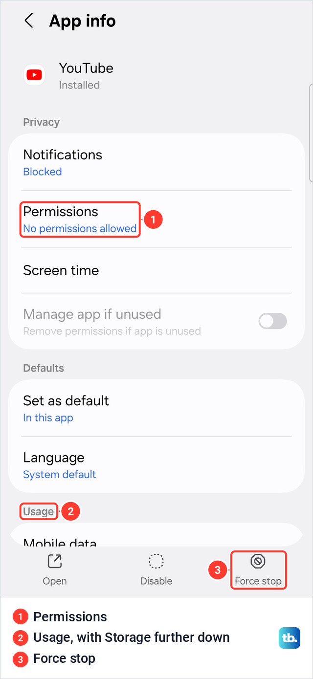 Samsung App info page for YouTube with Permissions, the Usage group and the Force stop button.
