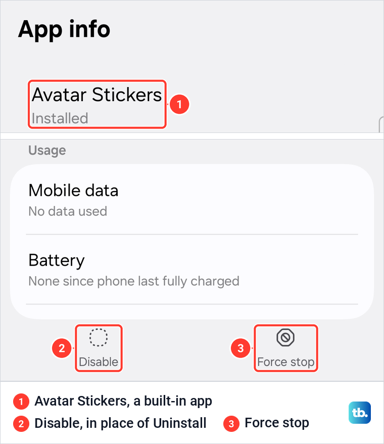 Samsung App info for the built-in Avatar Stickers app with Disable and Force stop at the bottom but no Uninstall button.
