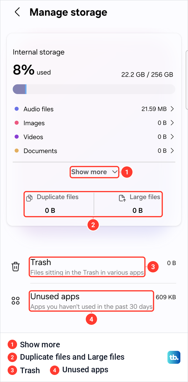 Samsung Manage storage page on One UI 8.5 with file categories, Duplicate files, Large files, Trash and Unused apps.