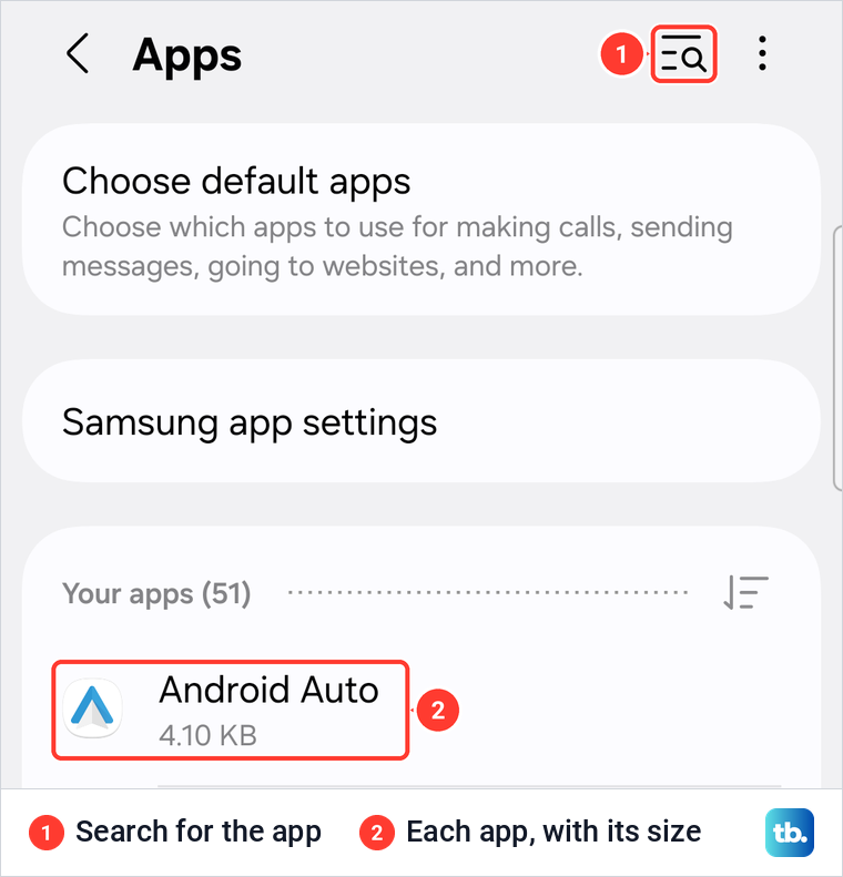 Samsung Galaxy Settings Apps screen with the search button and Your apps list showing each app's size.